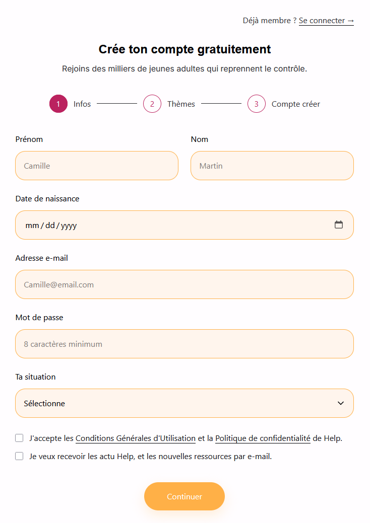 Écran de création de compte Help.